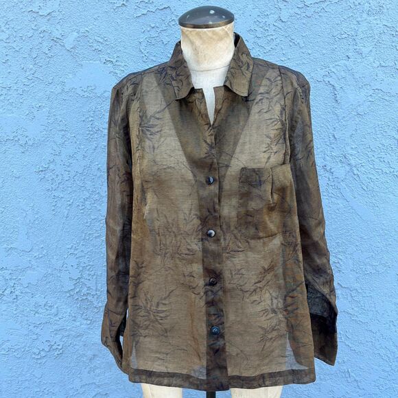 Chicos Blouse Olive green Size M/L bamboo print lagenlook semi sheer - Picture 2 of 10